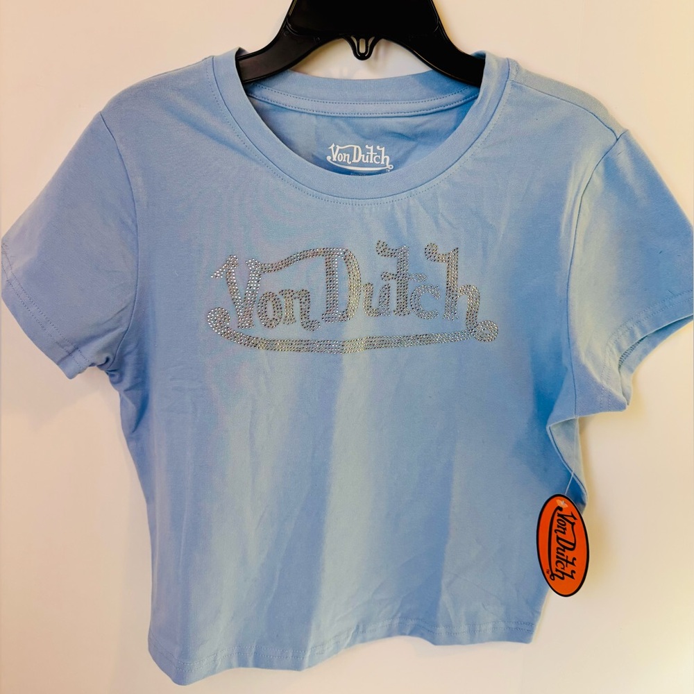 Von Dutch Baby Blue Bling Logo Crop Top